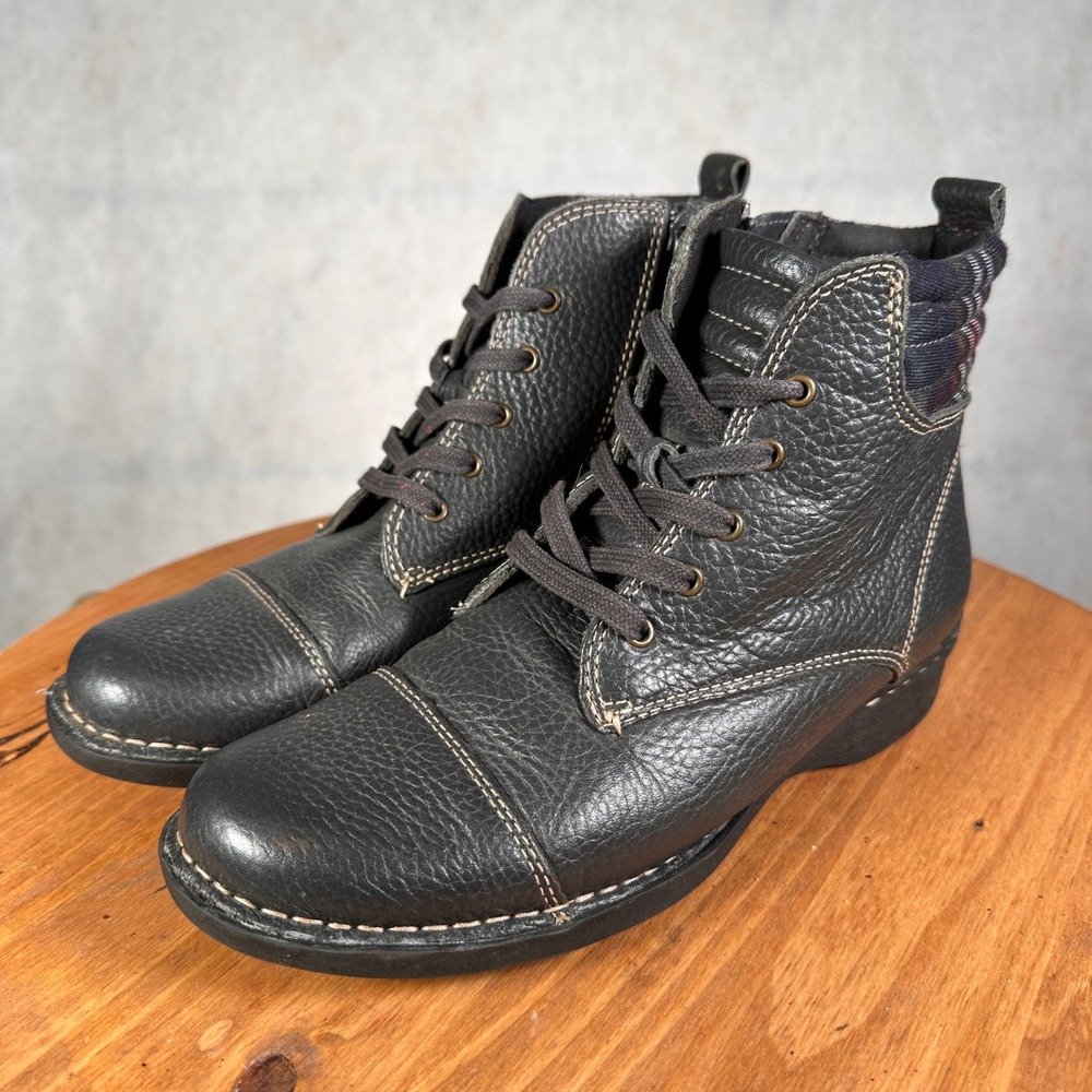 Clarks Ankle Boots Womens 6.5 Black Good Leather Lace Up Cap Toe Plaid Trim 0842